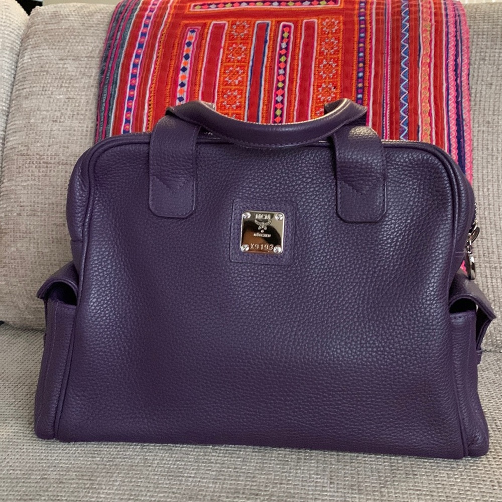 MCM Top Handle bag, genuine pebbles leather. Rich purple. Pre-loved. Authentic.